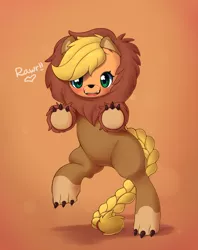 Size: 1000x1264 | Tagged: applejack, applelion, artist:joyfulinsanity, clothes, costume, cute, derpibooru import, fangs, looking at you, rearing, safe, solo