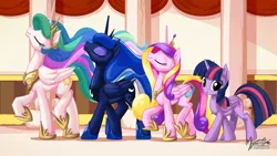 Size: 2560x1440 | Tagged: safe, alternate version, artist:mysticalpha, derpibooru import, princess cadance, princess celestia, princess luna, twilight sparkle, twilight sparkle (alicorn), alicorn, pony, 16:9, :o, alicorn tetrarchy, eyes closed, female, looking at you, majestic, majestic as fuck, mare, one of these things is not like the others, raised hoof, raised leg, smiling, strutting, walking