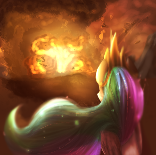 Size: 2000x1983 | Tagged: safe, artist:segraece, derpibooru import, princess celestia, explosion, fire, looking at something, looking away, rear view, solo