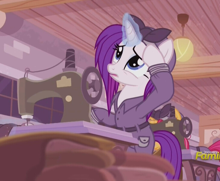 Size: 1223x1006 | Tagged: safe, derpibooru import, screencap, rarity, the cutie re-mark, alternate hairstyle, clothes, crystal war timeline, discovery family logo, jumpsuit, rarity the riveter