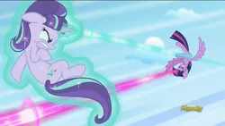 Size: 1920x1080 | Tagged: safe, derpibooru import, screencap, starlight glimmer, twilight sparkle, twilight sparkle (alicorn), alicorn, pony, the cutie re-mark, discovery family logo, dodge, female, fight, laser, levitation, magic, magic blast, mare, power levels are bullshit, s5 starlight, self-levitation, telekinesis, upside down