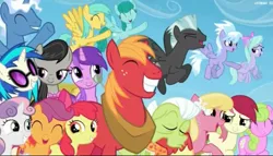 Size: 1877x1071 | Tagged: safe, derpibooru import, screencap, apple bloom, big macintosh, cloudchaser, daisy, flitter, flower wishes, granny smith, lily, lily valley, octavia melody, pokey pierce, roseluck, scootaloo, spring melody, sprinkle medley, sunshower raindrops, sweetie belle, vinyl scratch, earth pony, pegasus, pony, unicorn, the cutie re-mark, cute, cutie mark crusaders, eyes closed, female, flower trio, friends are always there for you, grin, happy, lidded eyes, male, mare, open mouth, ponies standing next to each other, smiling, stallion