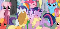 Size: 1024x498 | Tagged: safe, derpibooru import, screencap, applejack, big macintosh, cheerilee, fluttershy, lily, lily valley, pinkie pie, rainbow dash, rarity, spike, starlight glimmer, twilight sparkle, twilight sparkle (alicorn), alicorn, pony, the cutie re-mark, female, friends are always there for you, group hug, mane seven, mane six, mare, s5 starlight