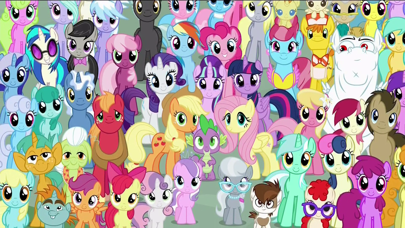 Size: 1920x1080 | Tagged: safe, derpibooru import, screencap, aloe, amethyst star, apple bloom, applejack, berry punch, berryshine, big macintosh, bon bon, bulk biceps, carrot cake, carrot top, cheerilee, cloudchaser, cup cake, daisy, derpy hooves, diamond tiara, doctor whooves, flitter, flower wishes, fluttershy, golden harvest, granny smith, lemon hearts, lily, lily valley, linky, lotus blossom, lyra heartstrings, mayor mare, minuette, octavia melody, pinkie pie, pipsqueak, pokey pierce, pound cake, pumpkin cake, rainbow dash, rarity, roseluck, sassaflash, scootaloo, sea swirl, seafoam, shoeshine, silver spoon, snails, snips, spike, spring melody, sprinkle medley, starlight glimmer, sunshower raindrops, sweetie belle, sweetie drops, thunderlane, time turner, twilight sparkle, twilight sparkle (alicorn), twinkleshine, twist, vinyl scratch, alicorn, dragon, earth pony, pegasus, pony, unicorn, the cutie re-mark, background six, bowtie, c:, cake family, colt, cowboy hat, cutie mark crusaders, derp, everypony, everypony at s5's finale, female, filly, flower trio, friends are always there for you, glasses, grin, group photo, happy ending, hat, implied doctorrose, looking at you, male, mane seven, mane six, mare, ponies standing next to each other, s5 starlight, smiling, spa twins, stallion, sunglasses, wall of tags