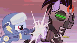 Size: 400x226 | Tagged: safe, derpibooru import, screencap, ivory, ivory rook, rainbow dash, rubinstein, crystal pony, cyborg, pony, the cutie re-mark, amputee, animated, apocalypse dash, armor, artificial wings, augmented, badass, clothes, crystal war timeline, discovery family logo, epic, fight, glare, kicking, mind control, prosthetic limb, prosthetic wing, prosthetics, sombra soldier, uniform, wings
