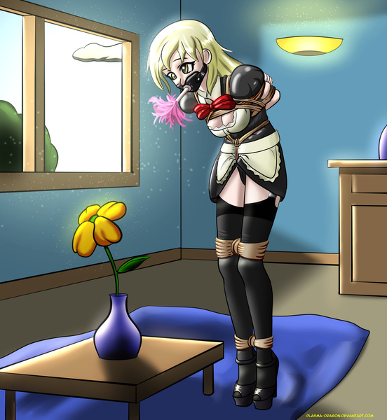 Size: 2172x2363 | Tagged: artist:plasma-dragon, bondage, box tied, breast bondage, breasts, clothes, crotch rope, derpibooru import, derpy hooves, duster, female, gag, garters, high heels, human, humanized, humiliation, living object, maid, muzzle gag, panties, questionable, rope, rope bondage, skirt, skirt lift, solo, solo female, underwear