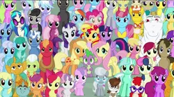 Size: 1230x691 | Tagged: safe, derpibooru import, edit, edited screencap, screencap, aloe, apple bloom, applejack, berry punch, berryshine, big macintosh, bon bon, bulk biceps, carrot cake, carrot top, cheerilee, cherry berry, cloudchaser, cup cake, daisy, derpy hooves, diamond tiara, doctor whooves, flitter, flower wishes, fluttershy, golden harvest, granny smith, lemon hearts, lily, lily valley, linky, lotus blossom, lyra heartstrings, mayor mare, minuette, octavia melody, pinkie pie, pipsqueak, pokey pierce, pound cake, pumpkin cake, rainbow dash, rarity, roseluck, scootaloo, sea swirl, seafoam, shoeshine, silver spoon, snails, snips, spike, sunset shimmer, sweetie belle, sweetie drops, thunderlane, time turner, twilight sparkle, twilight sparkle (alicorn), twinkleshine, twist, vinyl scratch, alicorn, earth pony, pony, unicorn, the cutie re-mark, cake family, colt, cutie mark crusaders, everypony at s5's finale, female, flower trio, friends are always there for you, glasses, group photo, looking at you, male, mane seven, mane six, mare, spa twins, wall of tags