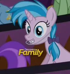 Size: 502x528 | Tagged: safe, derpibooru import, screencap, air way, pearly whites, the cutie re-mark, braces, discovery family logo, headgear, solo