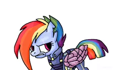 Size: 1280x720 | Tagged: amputee, apocalypse dash, artificial wings, artist:mojo1985, augmented, clothes, crystal war timeline, derpibooru import, glare, gritted teeth, mechanical wing, prosthetic limb, prosthetics, prosthetic wing, rainbow dash, safe, scar, the cutie re-mark, torn ear, uniform, wings