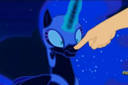 Size: 1080x720 | Tagged: safe, derpibooru import, edit, edited screencap, screencap, nightmare moon, alicorn, pony, the cutie re-mark, boop, boop edit, cute, female, finger, frown, glowing horn, hand, magic, mare, moonabetes, nightmare takeover timeline, solo focus, tempting fate, this will end in death, wide eyes