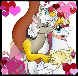 Size: 903x885 | Tagged: dead source, safe, artist:garfield141992, derpibooru import, discord, princess celestia, dislestia, eris, female, kissing, male, prince solaris, rule 63, shipping, soleris, straight