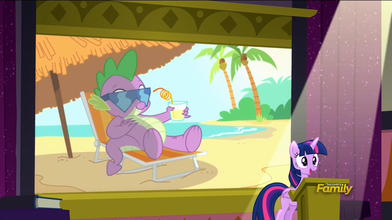 Size: 1920x1080 | Tagged: safe, derpibooru import, screencap, spike, twilight sparkle, twilight sparkle (alicorn), alicorn, pony, the cutie re-mark, beach, crazy straw, discovery family logo, female, like a boss, mare, twilight sparkle's slide, vacation