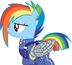 Size: 4000x3613 | Tagged: safe, artist:xebck, derpibooru import, rainbow dash, pony, the cutie re-mark, absurd resolution, alternate timeline, apocalypse dash, armor, augmented, badass, clothes, crystal war timeline, epic, frown, glare, prosthetic limb, prosthetic wing, prosthetics, scar, simple background, solo, that was fast, torn ear, transparent background, uniform, vector