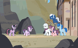 Size: 400x244 | Tagged: safe, derpibooru import, screencap, double diamond, night glider, party favor, starlight glimmer, sugar belle, twilight sparkle, twilight sparkle (alicorn), alicorn, pony, the cutie re-mark, animated, apology, begging, equal four, female, floppy ears, forgiveness, friends are always there for you, group hug, mare, our town, second chances
