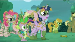 Size: 1920x1080 | Tagged: safe, derpibooru import, screencap, carrot top, coco crusoe, fluttershy, golden harvest, linky, pinkie pie, shoeshine, spike, twilight sparkle, twilight sparkle (alicorn), alicorn, pony, the cutie re-mark, alternate timeline, camouflage, chrysalis resistance timeline, discovery family logo, female, mare, tribal pie, tribalshy