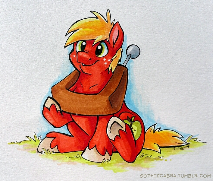 Size: 980x832 | Tagged: safe, artist:spainfischer, derpibooru import, big macintosh, earth pony, pony, cute, horse collar, macabetes, male, solo, stallion, traditional art, underhoof, weapons-grade cute, younger