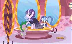 Size: 400x244 | Tagged: animated, carousel boutique, clothes, derpibooru import, diamond, discovery family logo, dress, friends are always there for you, jewels, mirror, rarity, safe, screencap, spike, starlight glimmer, the cutie re-mark