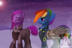 Size: 1599x1066 | Tagged: alternate hairstyle, alternate timeline, amputee, apinkalypse pie, apocalypse dash, armor, artificial wings, artist:xormak, augmented, clothes, crystal war timeline, derpibooru import, mechanical wing, pinkamena diane pie, pinkie pie, prosthetic limb, prosthetics, prosthetic wing, rainbow dash, safe, the cutie re-mark, torn ear, uniform, wings