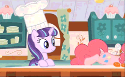 Size: 400x244 | Tagged: animated, candy, cupcake, derpibooru import, eating, food, friends are always there for you, kitchen, pinkie pie, safe, screencap, starlight glimmer, the cutie re-mark