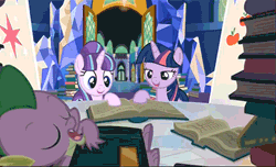 Size: 400x243 | Tagged: safe, derpibooru import, screencap, spike, starlight glimmer, twilight sparkle, twilight sparkle (alicorn), alicorn, pony, the cutie re-mark, animated, book, female, friends are always there for you, mare, reading, sleeping, twilight's castle