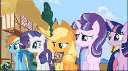 Size: 400x223 | Tagged: safe, derpibooru import, screencap, applejack, fluttershy, pinkie pie, rainbow dash, rarity, starlight glimmer, twilight sparkle, twilight sparkle (alicorn), alicorn, pony, the cutie re-mark, animated, female, friends are always there for you, mane six, mare, singing