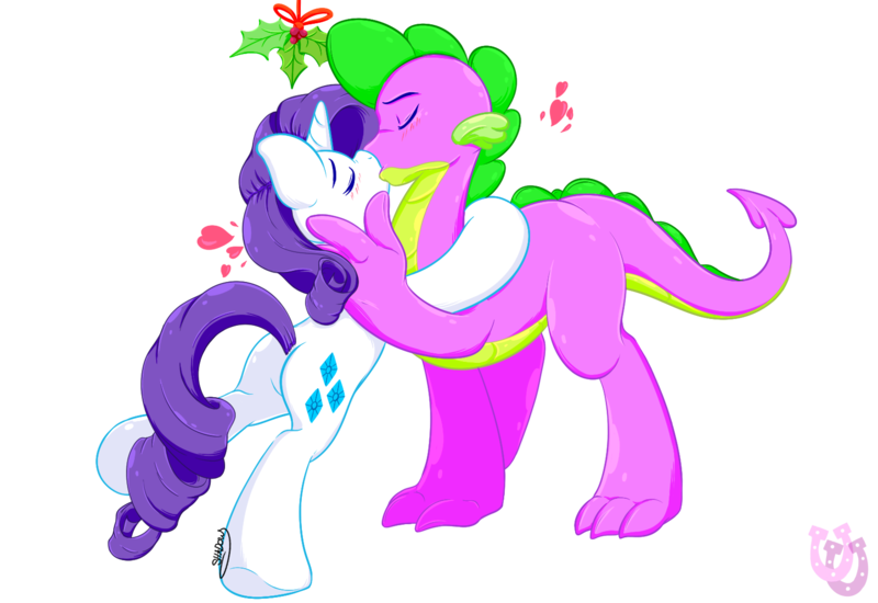 Size: 1580x1087 | Tagged: safe, artist:shadowhulk, derpibooru import, rarity, spike, female, holly, holly mistaken for mistletoe, kissing, male, older, older spike, shipping, sparity, straight