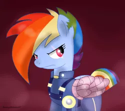Size: 706x628 | Tagged: amputee, apocalypse dash, artificial wings, artist:a-r-i-a-1997, artist:sunnyshimmer97, augmented, clothes, crystal war timeline, derpibooru import, mechanical wing, prosthetic limb, prosthetics, prosthetic wing, rainbow dash, safe, scar, solo, that was fast, the cutie re-mark, torn ear, uniform, wings