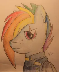Size: 2432x2976 | Tagged: amputee, apocalypse dash, artificial wings, artist:wave-realm, augmented, clothes, crystal war timeline, derpibooru import, mechanical wing, prosthetic limb, prosthetics, prosthetic wing, rainbow dash, safe, scar, solo, the cutie re-mark, torn ear, traditional art, uniform, wings
