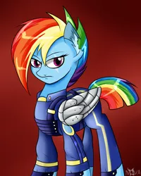 Size: 1200x1500 | Tagged: amputee, apocalypse dash, artificial wings, artist:novaspark, augmented, clothes, crystal war timeline, derpibooru import, mechanical wing, prosthetic limb, prosthetics, prosthetic wing, rainbow dash, safe, scar, solo, the cutie re-mark, torn ear, uniform, wings