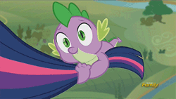 Size: 480x270 | Tagged: safe, derpibooru import, screencap, spike, twilight sparkle, twilight sparkle (alicorn), alicorn, pony, the cutie re-mark, animated, dangling, discovery family logo, dreamworks face, female, hanging, mare, open mouth, reaction image, smiling, solo focus, tail, tail hold, tail pull, thumbs up