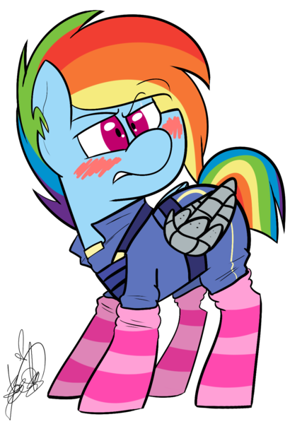 Size: 1138x1600 | Tagged: amputee, apocalypse dash, artificial wings, artist:befishproductions, augmented, clothes, crystal war timeline, derpibooru import, mechanical wing, prosthetic limb, prosthetics, prosthetic wing, rainbow dash, safe, signature, simple background, socks, solo, striped socks, the cutie re-mark, transparent background, wings