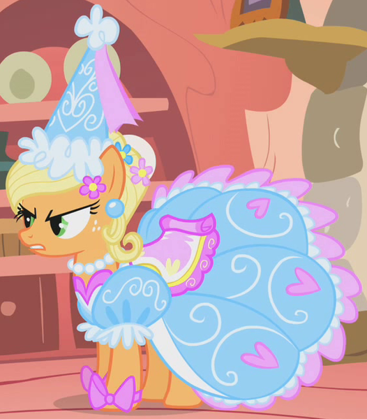 Size: 559x638 | Tagged: safe, derpibooru import, screencap, applejack, earth pony, pony, look before you sleep, angry, clothes, cropped, dress, female, froufrou glittery lacy outfit, hennin, jewelry, mare, necklace, outfit catalog, pearl necklace, princess hat, solo