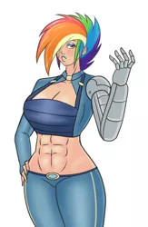 Size: 948x1450 | Tagged: abs, amputee, apocalypse dash, artist:annon, big breasts, bimbo, bimbo dash, breasts, busty rainbow dash, cleavage, crystal war timeline, curvy, derpibooru import, earring, eyeshadow, female, fingernails, huge breasts, human, humanized, jewelry, lipstick, makeup, midriff, muscles, nail polish, piercing, prosthetic arm, prosthetic limb, prosthetics, rainbow dash, rainbuff dash, solo, solo female, suggestive, that was fast, the cutie re-mark