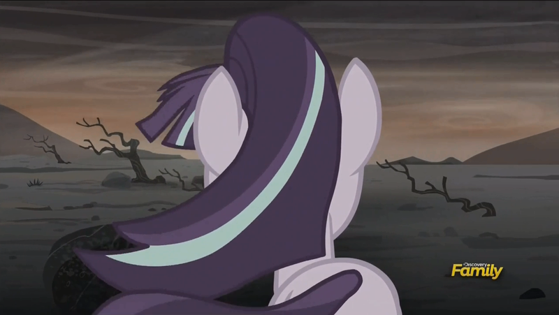 Size: 1273x718 | Tagged: alternate timeline, ashlands timeline, barren, derpibooru import, discovery family logo, implied genocide, post-apocalyptic, s5 starlight, safe, screencap, solo, starlight glimmer, the cutie re-mark, wasteland, windswept mane