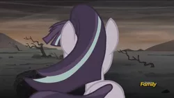 Size: 1273x718 | Tagged: alternate timeline, ashlands timeline, barren, derpibooru import, discovery family logo, implied genocide, post-apocalyptic, s5 starlight, safe, screencap, solo, starlight glimmer, the cutie re-mark, wasteland, windswept mane