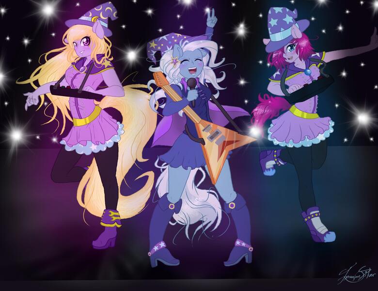 Size: 2600x2000 | Tagged: dead source, safe, artist:imaginesilver, derpibooru import, fuchsia blush, lavender lace, trixie, equestria girls, rainbow rocks, background human, band, cape, clothes, electric guitar, eyes closed, female, flying v, group, guitar, hat, microphone, musical instrument, open mouth, raised leg, request, requested art, signature, singing, smiling, synthesizer, tricks up my sleeve, trixie and the illusions, trixie's hat, wizard hat