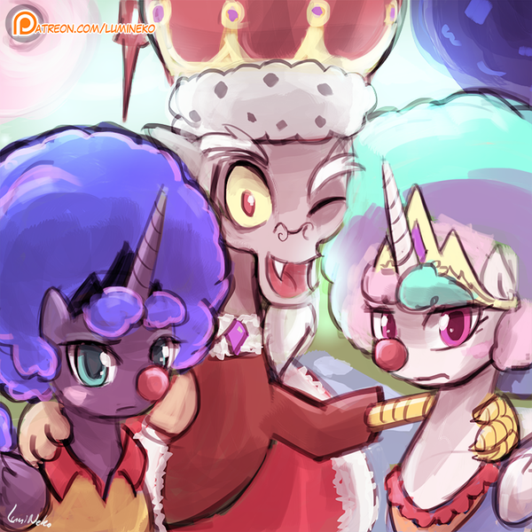 Size: 750x750 | Tagged: dead source, safe, artist:lumineko, derpibooru import, discord, princess celestia, princess luna, alicorn, draconequus, pony, the cutie re-mark, afro, alternate timeline, blushing, chaotic timeline, clown, clown celestia, clown luna, clown nose, cute, discute, female, frown, king discord, looking at you, mare, one eye closed, open mouth, patreon, patreon logo, red nose, side hug, smiling, unamused, wink