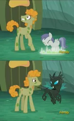 Size: 932x1536 | Tagged: safe, derpibooru import, screencap, doctor muffin top, horse md, tornado bolt, changeling, earth pony, pony, the cutie re-mark, alternate timeline, chrysalis resistance timeline, cropped, discovery family logo, disguise, disguised changeling