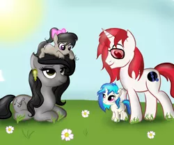 Size: 3000x2500 | Tagged: alternate hairstyle, artist:marylinnblack, brother and sister, cute, derpibooru import, earring, female, filly, flower, grass, long play, oc, oc:capriccio melody, octavia melody, piercing, safe, sisters, sunglasses, vinyl scratch, younger