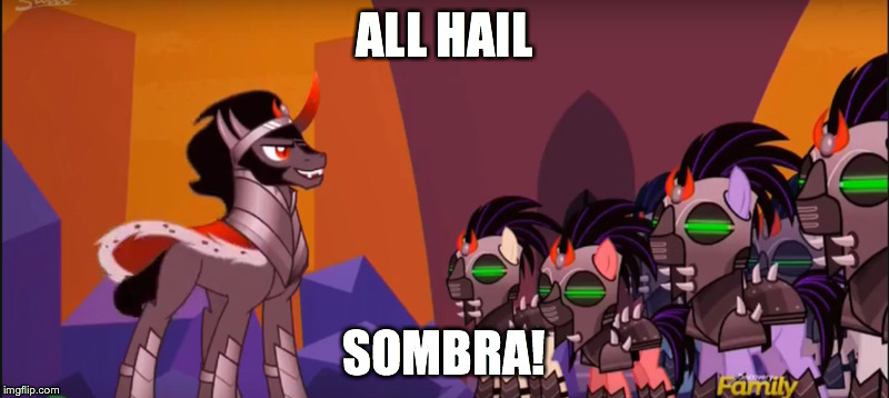 Size: 800x358 | Tagged: safe, derpibooru import, edit, edited screencap, screencap, ivory, ivory rook, king sombra, rubinstein, pony, unicorn, the cutie re-mark, alternate timeline, army, crystal war timeline, discovery family logo, image macro, male, meme, mind control, sombra empire, sombra soldier, spongebob squarepants, stallion, the spongebob squarepants movie