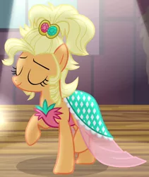 Size: 574x681 | Tagged: safe, derpibooru import, screencap, applejack, pony, simple ways, applejewel, clothes, dress, eyes closed, female, mare, outfit catalog, solo