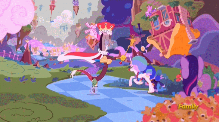 Size: 728x406 | Tagged: safe, derpibooru import, screencap, discord, princess celestia, princess luna, screwball, alicorn, draconequus, dragon, pony, the cutie re-mark, adorable distress, afro, alternate timeline, animated, cape, chaos, chaotic timeline, chase, clothes, clown, clown celestia, clown luna, crown, cute, cutelestia, discorded landscape, discovery family logo, female, jewelry, king discord, male, mare, regalia, unicycle