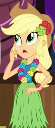 Size: 265x609 | Tagged: safe, derpibooru import, screencap, applejack, equestria girls, rainbow rocks, shake your tail, clothes, cowboy hat, grass skirt, hat, hula, hulajack, lei, outfit catalog, skirt, solo, stetson