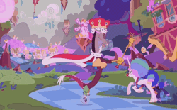 Size: 1288x799 | Tagged: safe, derpibooru import, screencap, discord, princess celestia, princess luna, screwball, alicorn, draconequus, pony, the cutie re-mark, afro, alternate timeline, animated, cape, chaos, chaotic timeline, chase, clothes, clown, clown celestia, clown luna, clown nose, crown, cute, cutelestia, discane, discord scepter, discorded landscape, female, green sky, gritted teeth, king discord, male, mare, running, scepter, trio, twilight scepter, unicycle