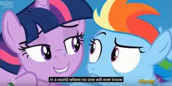 Size: 847x427 | Tagged: alicorn, bedroom eyes, caption, dead source, derpibooru import, discovery family logo, edit, edited screencap, filly, filly rainbow dash, implied foalcon, meme, out of context, rainbow dash, safe, screencap, stranger danger, the cutie re-mark, twilest dashle, twilight is a foal fiddler, twilight sparkle, twilight sparkle (alicorn), youtube caption