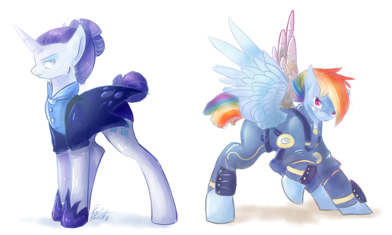 Size: 1500x900 | Tagged: alternate hairstyle, apocalypse dash, artist:rustyscreech, clothes, crystal war timeline, derpibooru import, hair bun, night maid rarity, nightmare takeover timeline, prosthetic limb, rainbow dash, rarity, safe, scar, the cutie re-mark, uniform