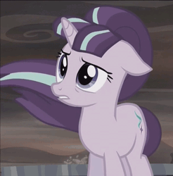 Size: 473x480 | Tagged: safe, derpibooru import, screencap, starlight glimmer, pony, unicorn, the cutie re-mark, alternate timeline, animated, ashlands timeline, barren, eye shimmer, female, floppy ears, frown, gritted teeth, implied genocide, loop, mare, now you fucked up, post-apocalyptic, sad, sad face, sadlight glimmer, solo, this will end in tears, windswept mane, worried, you dun goofed