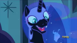 Size: 1366x768 | Tagged: alternate timeline, cute, derpibooru import, discovery family logo, faic, fangs, happy, moonabetes, moonie snacks, moon moon, nightmare moon, nightmare moon moon, nightmare takeover timeline, open mouth, safe, screencap, sharp teeth, smiling, solo, teeth, the cutie re-mark