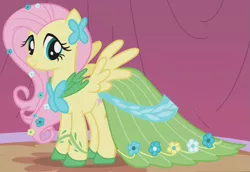 Size: 687x473 | Tagged: clothes, cropped, derpibooru import, dress, female, fluttershy, gala dress, mare, outfit catalog, pegasus, safe, screencap, solo, suited for success