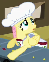 Size: 246x312 | Tagged: safe, derpibooru import, screencap, fluttershy, pegasus, pony, the last roundup, cherry, cropped, female, food, hat, mare, outfit catalog, saddle bag, solo, yellow cherry